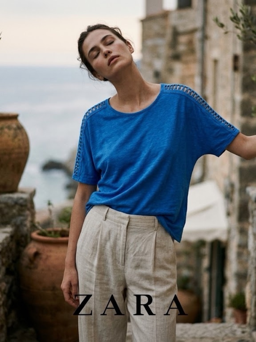 ZARA Ladder-Stitch Trim Short Sleeve Tee- Royal Blue